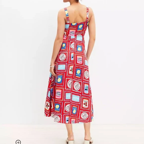 LOFT tinned can fish tomato Red Patterned Midi Dress lemon - Picture 2 of 5